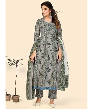 Vbuyz - Grey Anarkali Cotton Women's Stitched Salwar Suit ( Pack of 1 )