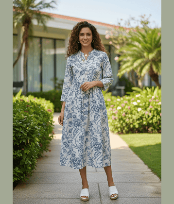 Rajnandini Women Cotton Printed Ethnic Dress ( Off White )