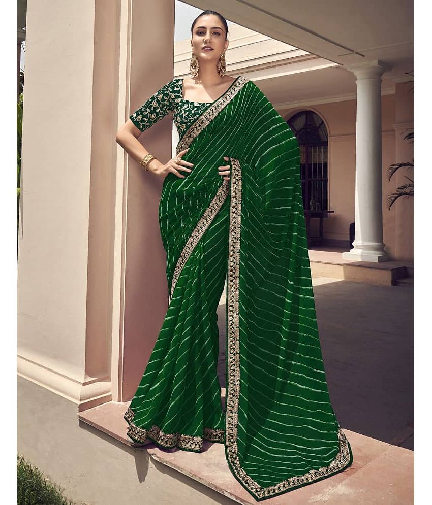 Satrani Georgette Printed Saree With Unstitched Blouse Piece ( Green )
