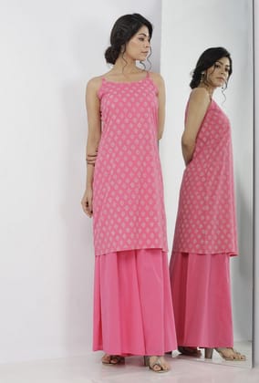 Set of 2: Gul Pink Buti Hand-Block Printed Cotton Slip with Plain Flared Palazzo-L