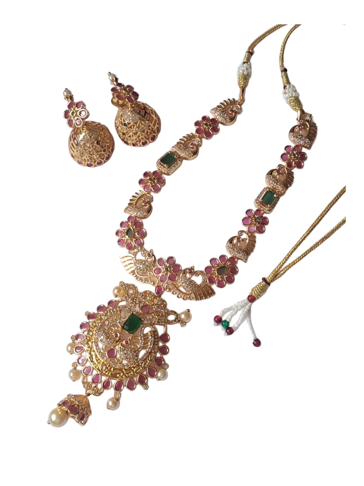 Traditional Gold-Toned Necklace Set with pink Floral Design, Pearl Accents, Antique Finish Jewelry Set for Women