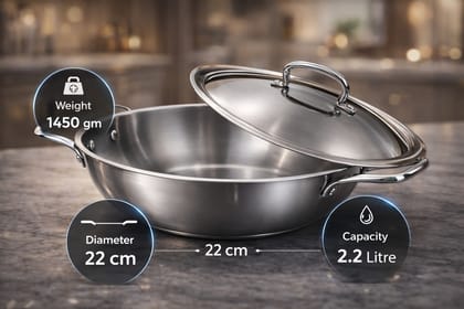 WEKTU Premium Tri-Ply Stainless Steel Kadhai with Lid - Induction & Gas Compatible, Mirror Finish