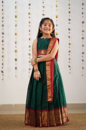KIDS HALF SAREE LEHENGA - DARK GREEN  & BROWN-2