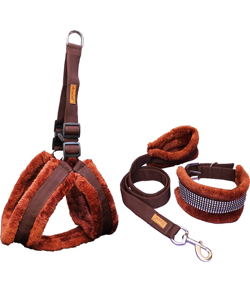 Petshop7 Nylon Dog Harness, Collar & Leash Set with Fur Small (Chest Size - 23-28inch) Brown