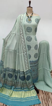 Modal Gazi Silk Hand Blocked Ajrakh Print Dress Material-Cyan-Ocean Blue