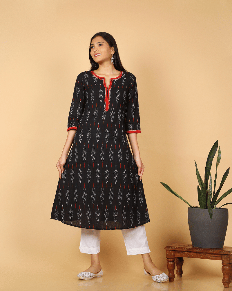 Black Ikat Flared Kurta with Hand Embroidery-M