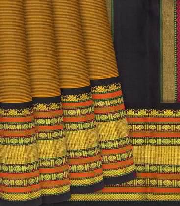 Oil Mustard Handloom Kanchipuram Korvai Silk Saree With Stripes-OIL MUSTARD-Oil Mustard