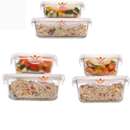 Femora Borosilicate Glass Microwave Safe Food Storage Container with Air Vent Lid- Square- 500ml, 800ml, Round- 580ml, 940ml, Rectangle-620ml, 1000ml, Set of 6 (2 of Each Shape)