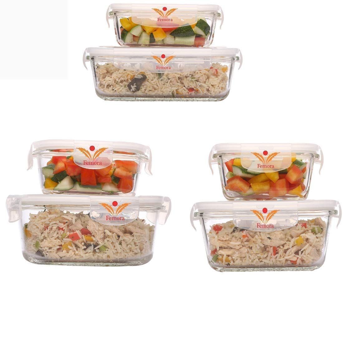 Femora Borosilicate Glass Microwave Safe Food Storage Container with Air Vent Lid- Square- 500ml, 800ml, Round- 580ml, 940ml, Rectangle-620ml, 1000ml, Set of 6 (2 of Each Shape)