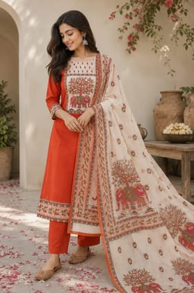 Womens Orange Printed Cotton Suit Set with Embroidered Kurta, Pant & Printed Dupatta | 3-Piece Ethnic Dress Material