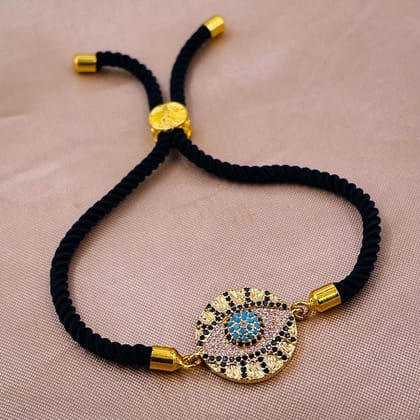 Medallion Evil Eye Copper Gold Black Cubic Zirconia Thread Bracelet Women