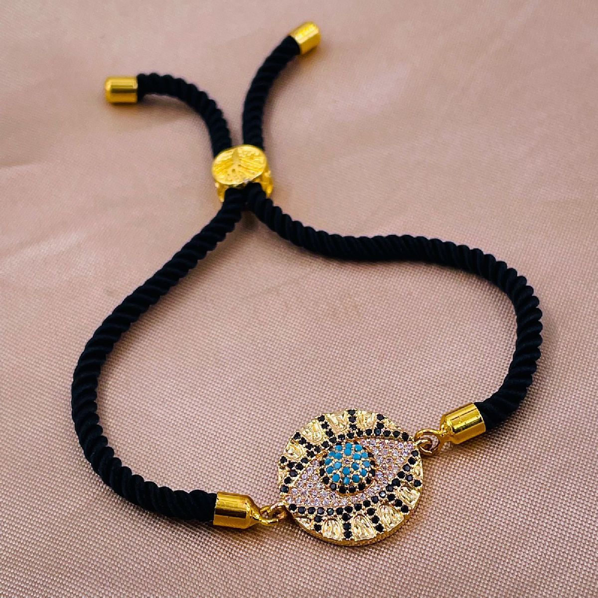 Medallion Evil Eye Copper Gold Black Cubic Zirconia Thread Bracelet Women