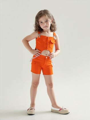 Girls Imported Orange Jumpsuit (Co-Ord Set) [GT-7529] (1-7Years)-2-3Y (Size - 20) / Denim / Orange