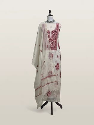 Chikankari Mul Chanderi Dress Material White Bold Red Floral