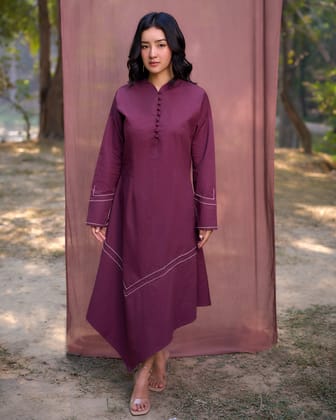 Kantha Embroidered Asymmetrical Dress - Burgundy-XS