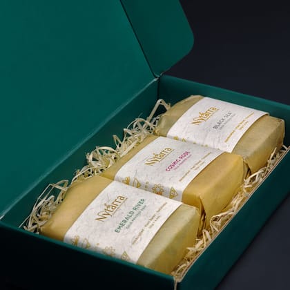 PACK OF 3 SOAPS WITH GIFTBOX-Simply Sandalwood / Emerald River / Baby Soap with Ghee