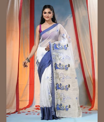 Desh Bidesh Cotton Embroidered Saree With Unstitched Blouse Piece ( Blue )