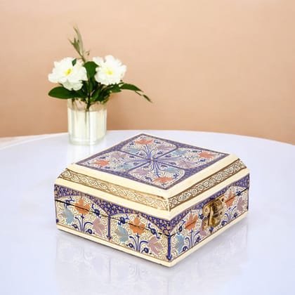 Handcrafted Kashmiri Paper Mache Multi-Storage Square BoxMulticolour