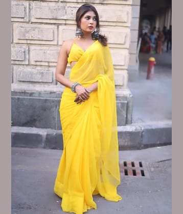 Kashvi Sarees Georgette Printed Kasavu Saree With Unstitched Blouse Piece ( YELLOW )