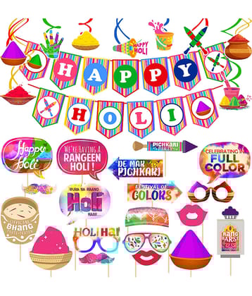 Zyozi ® Holi Decoration Items, Holi Decorations Combo with ColorFul Banner, Swirls Hangings & PhotoBooth Props | Holi Color of Festival (Pack Of 29)