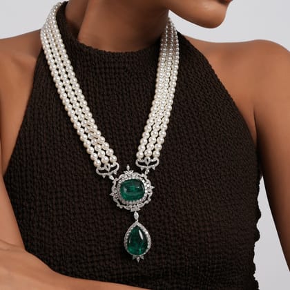 Aighar - Pearl & Green Doublet Stone CZ Long Necklace-Green