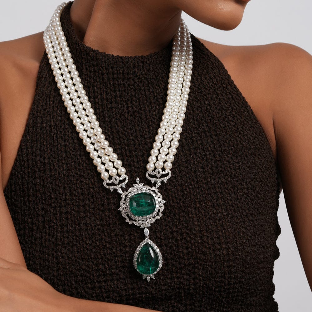 Aighar - Pearl & Green Doublet Stone CZ Long Necklace-Green