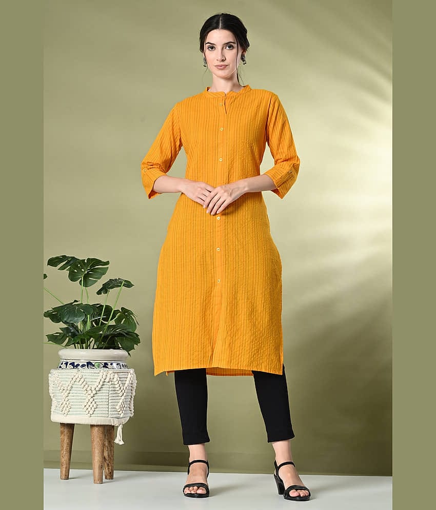 GlowWorld Cotton Striped Straight Women's Kurti - Yellow ( Pack of 1 )