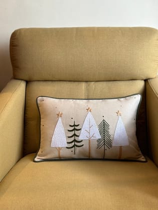 KRI India Bloom Christmas Trees Cushion Covers | Beige with green & white embroidery  | 12x18 inches  | Wash & Care | 100% Cotton | Handcrafted in India. 100% organic & natural.