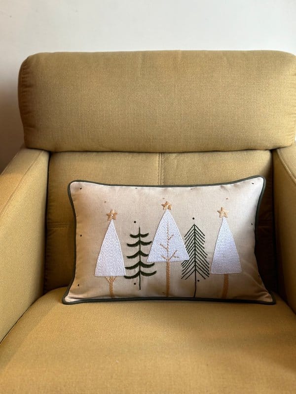 KRI India Bloom Christmas Trees Cushion Covers | Beige with green & white embroidery | 12x18 inches | Wash & Care | 100% Cotton | Handcrafted in India. 100% organic & natural.
