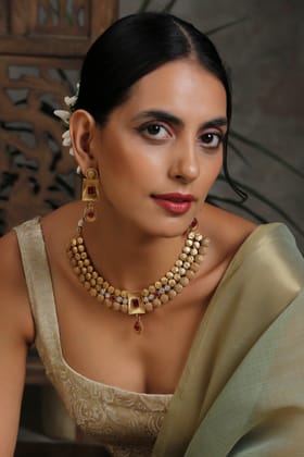 Damra Red Temple Work Necklace Set-Temple Work