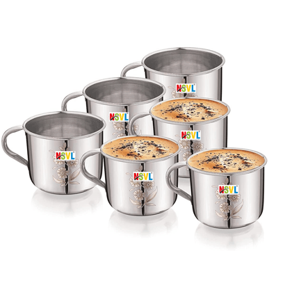 Nsvl Pack of 6 Stainless Steel Single Wall Tea Cup Set | Laser Design | Silver Mirror Finish | Break Resistant (Silver, Cup Set)