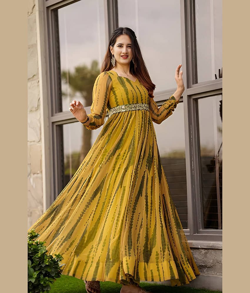kedar fab Georgette Printed Ankle Length Women's Gown - Yellow ( Pack of 1 )