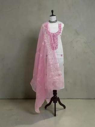 Handwoven Kota Doria Dress Material with Hand Embroidery, Magenta Pink
