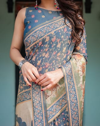 Steel Blue with Floral Patterns Linen Cotton Handloom Printed Saree, Heritage-Inspired Pallu, and Tassels-Regular