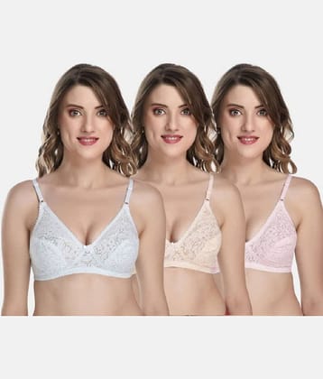Softskin Pack of 3 Cotton Blend Non Padded Women's Everyday Bra ( Multicolor ) Women_Everyday_Cotton_Seamed_Non_Padded_Self_Design_Bra