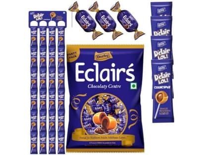 Derby Combo Pack Of 2 | Dclair Lollipop Cruncheez | Caramel Lollipop Chocolatee Center | 48Pcs | 504Gram With Caramel Eclairs Pouch 100pcs | 350gram