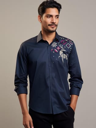Navy Graphic Printed Casual Shirt-NAVY / S