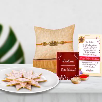 Designer Veera Rakhi with Kaju Katli (500 Gm) and Roli Chawal Pack, Best Wishes Greeting Card