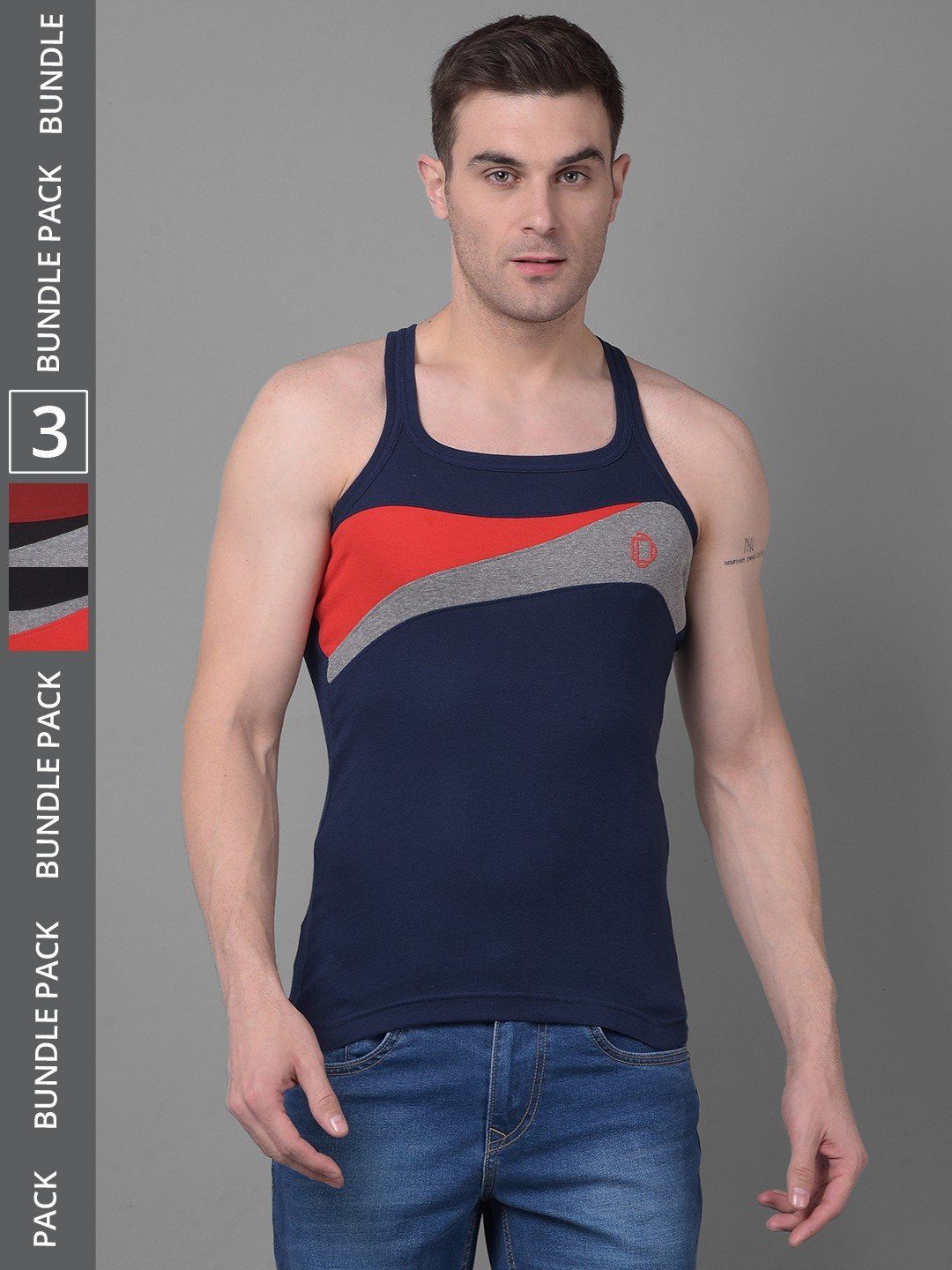Men's Assorted Pack of 3 Solid Combed Cotton Racerback Styled Gym Vest