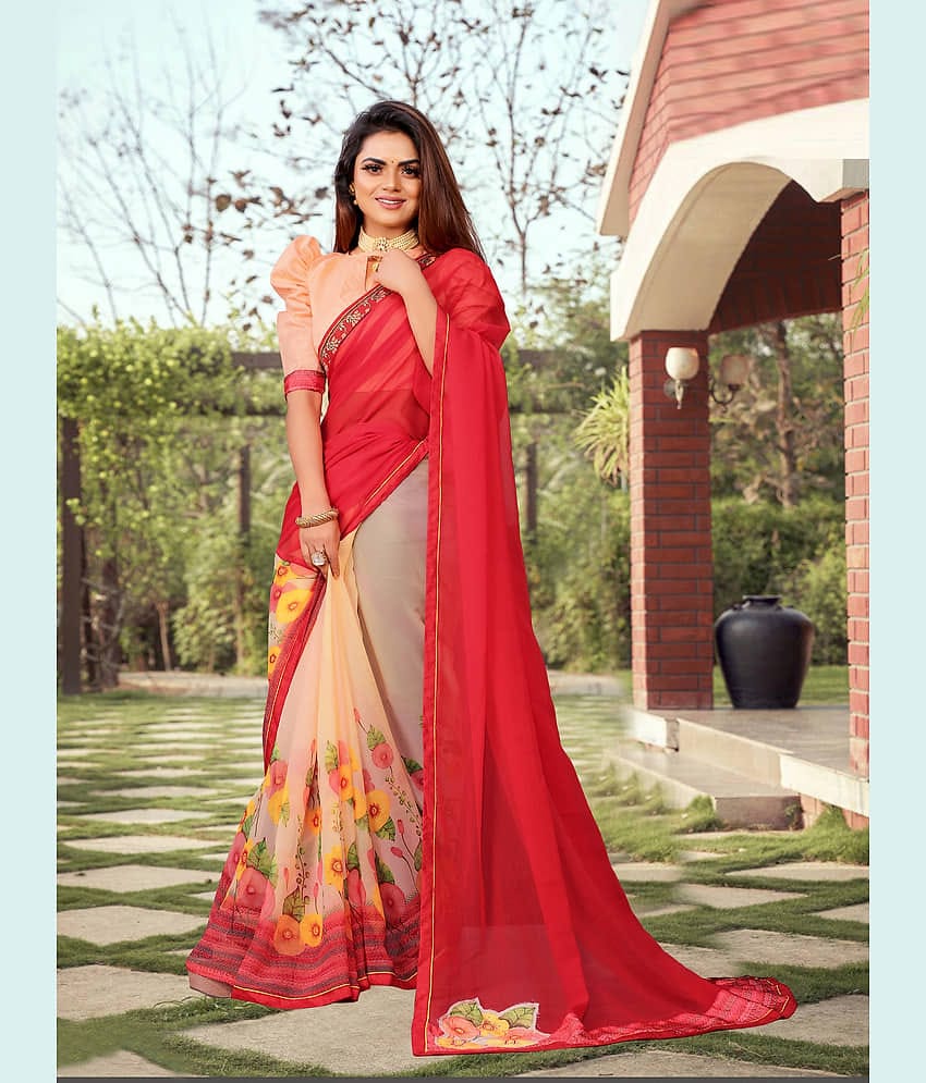 VEDANT VASTRAM Georgette Printed Saree With Unstitched Blouse Piece ( Red )