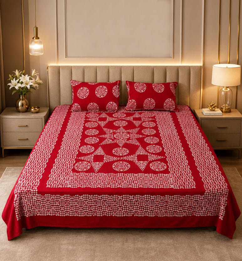 Handcrafted Batik Print Heavy Cotton Double Bedsheet With Pillow Cover 