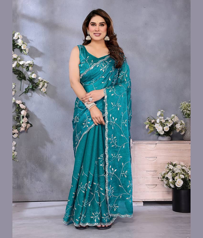 BLEESBURY Zimmy Choo Embroidered Maheshwari Saree With Unstitched Blouse Piece ( Rama )