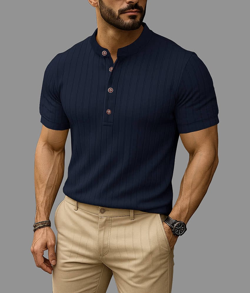 Eyebogler Men Cotton Blend Regular Fit Striped T-Shirt ( Blue )
