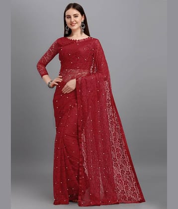 VANRAJ CREATION Net Self Design Saree With Unstitched Blouse Piece ( Maroon )