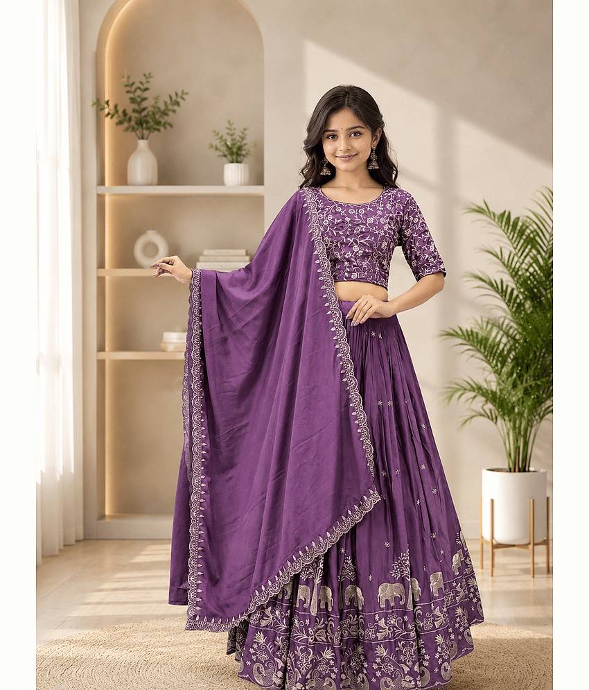 Keyura Silk Lehenga Choli Set For Girls ( Pack of 1 , Purple )