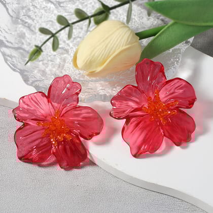 Acrylic Transparent Flower Orange Dangler Stud Earring For Women-Red