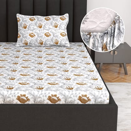 Tulip Floral Grey and Brown Elastic Fitted Bedsheet For Single Bed-Single / Brown / EM4012-FSB