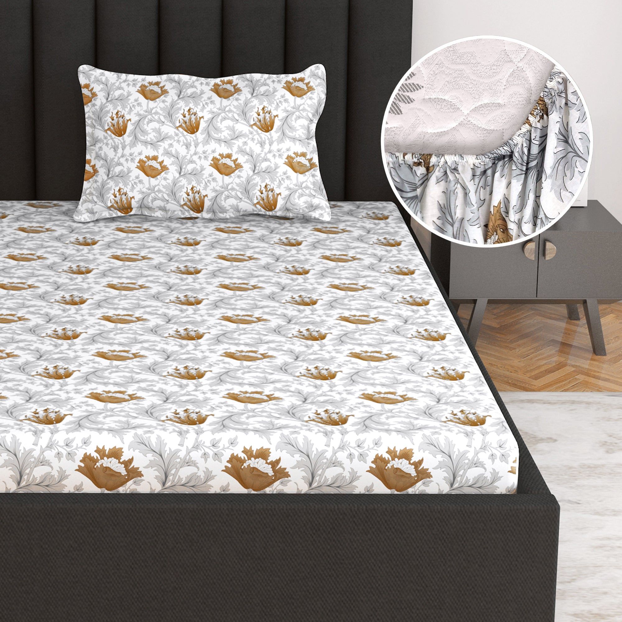 Tulip Floral Grey and Brown Elastic Fitted Bedsheet For Single Bed-Single / Brown / EM4012-FSB
