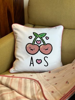 KRI India Tots Personalised Cherry Love Embroidered Cushion Cover | White with light pink embroidery  | 16x16 inches  | Wash & Care | 100% Cotton | Handcrafted in India. 100% organic & natural.