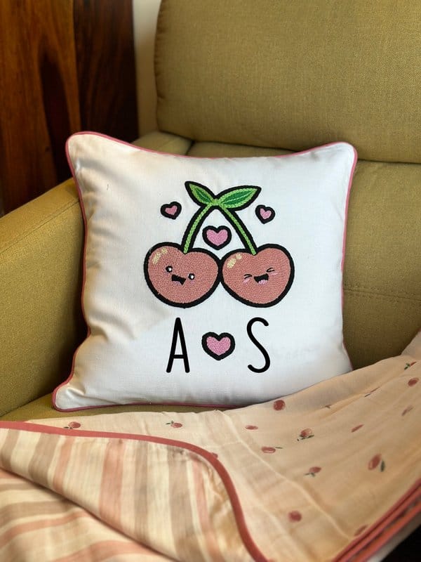 KRI India Tots Personalised Cherry Love Embroidered Cushion Cover | White with light pink embroidery  | 16x16 inches  | Wash & Care | 100% Cotton | Handcrafted in India. 100% organic & natural.